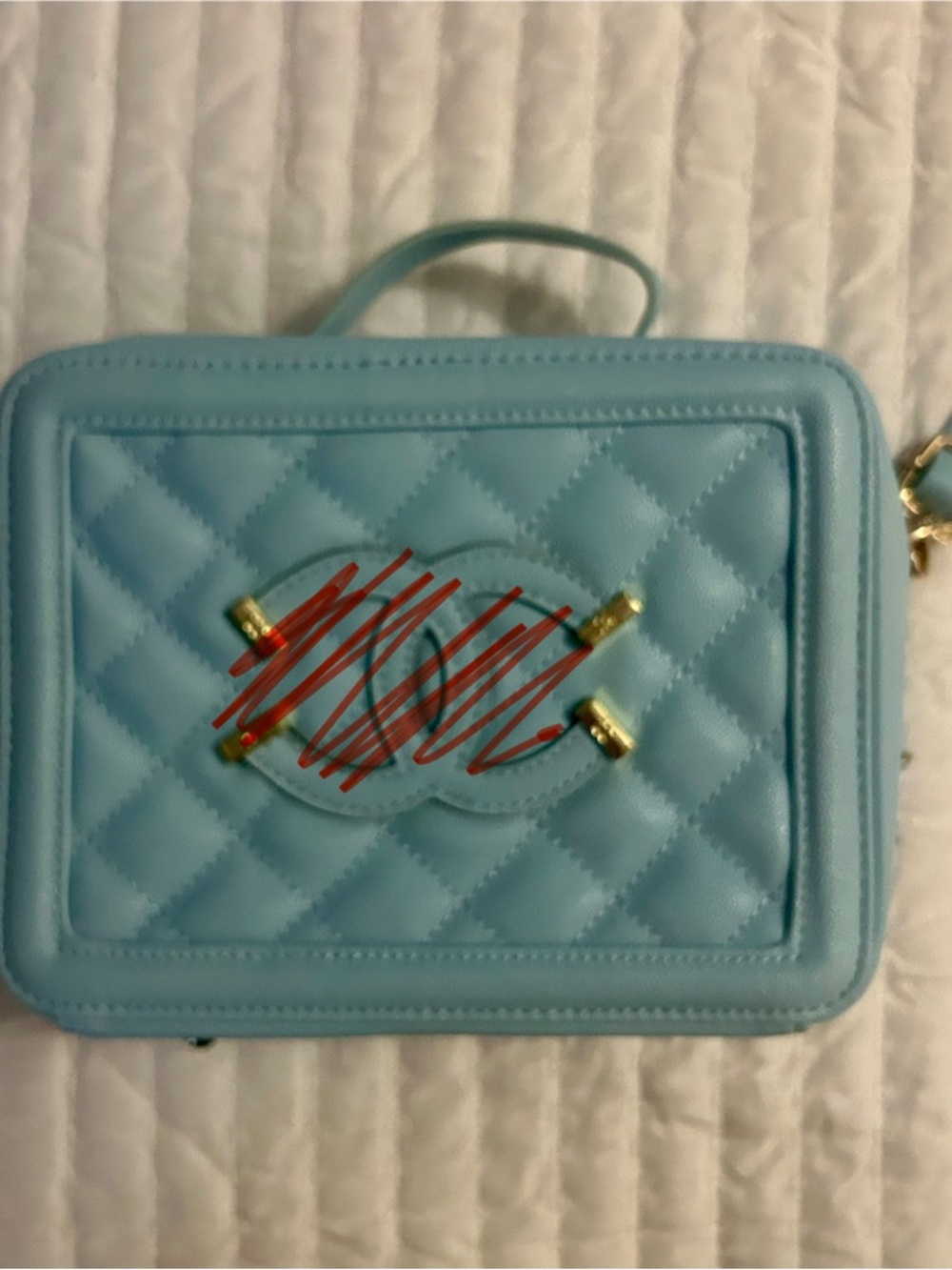 Quilted Light Blue Cosmetic Case with Top Handle